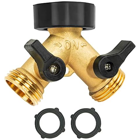 LIULO TOOL Brass Garden Hose Splitter 2 Way, Hose Y Splitter 3/4 Inch Heavy Duty Brass Hose Connector Tap Splitter, Hose Spigot Adapter 2 Valves with Rubber Washers (1 Pack) Cover