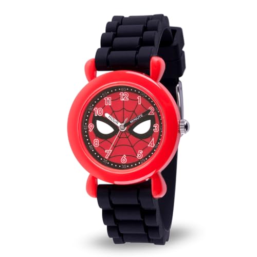 MARVEL Spiderman Watch for Kids - Spiderman Watch Boys - Spider-Man Watches for Boys 4-6 - Kids Toys Toddler - Teen - Red Case - Black Silicone Strap