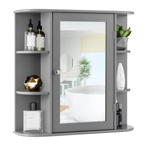GIANTEX Armoire Murale Salle de Bain avec Miroir, Meuble WC Suspendu avec Portes-Miroir et Étages Réglables, Étagère de Rangement en 6 Niveaux,17 x 65 x 64...
