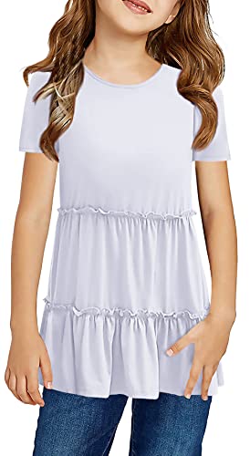 Image of Haloumoning Girls Crew Neck T Shirts Peplum Babydoll Tops Tees 4-15 Years | Girls T-Shirts, Casual Loose Tunic Tops, Cute Ruffle T Shirts, Short Sleeve Shirts, Long Sleeve Blouse