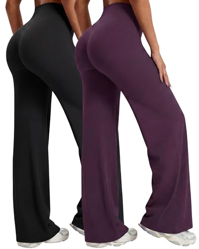 Image of Coume 2 Pack Women Workout Leggings Straight Wide Leg No Front Seam Yoga Gym Pants High Waist Buttery Soft Stretch Leggings