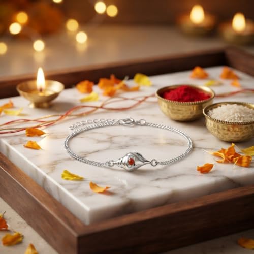 Image of Parnika 925 Pure 92.5 Sterling Silver Bro Floral Mor Pankh Flute Evil Eye Veera Shankh Rakhi Bracelet for Brother | Hallmarked Silver Raksha Bandhan Rakhi | Premium Adjustable Rakhi Gift
