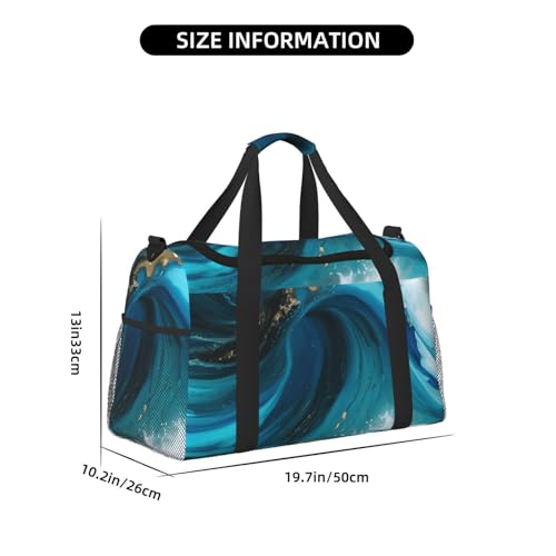 Turquoise Blue Gold Marble Print Foldable Carry On Tote Large Capacity Hand Carry Bag for Airplane Weekend Getaways4