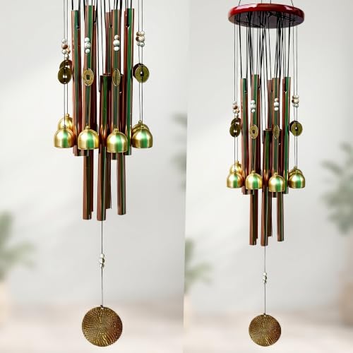 Image of Amazon Basics Decorative Wind Chimes for Balcony, Home & Garden | Pleasant Sound | Handcrafted | Metal Chime for Home Decor & Gifting | Color Gold | Material: Aluminum | Size: 79L x 13W x 13H cms