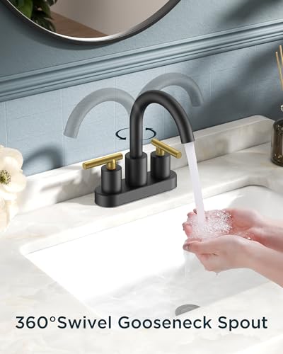 Image of FORIOUS 4 in Black and Gold Bathroom Faucet Centerset, 2 Handle Matte Black Swivel Faucet for Bathroom Sink 2 or 3 Hole with Pop up Drain and cUPC Supply Hose, Suitable for Vanity RV Restroom