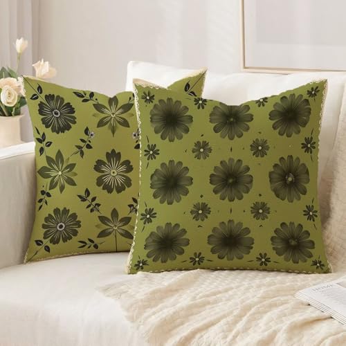 Housse coussin 60x60cm lot de 2 vert géométrique imperméable en lin