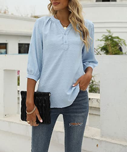 Hathne Women's V Neck Swiss Dot Tops Short Sleeve Chiffon Casual Shirts Blouses (B#Light Blue(3/4 Sleeve), Medium) #TOP1