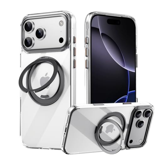 【360°回転スタンド】iPhone 17 Pro Max/17 Pro/17 Air/17用クリアケース、360°回転キックスタンド、滑り止めグリップ、耐衝撃TPU + PC保護カバー付き-ブラック||iPhone 17 Pro Max