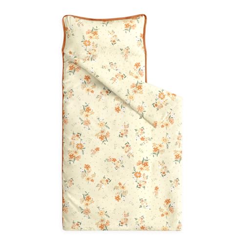 Image of Wake In Cloud - Toddler Nap Mat with Pillow and Blanket, 100% Cotton Fabric, for Kids Girls Ages 3 Plus in Daycare Kindergarten Preschool, Roll Up Sleeping Bag, Floral Flowers