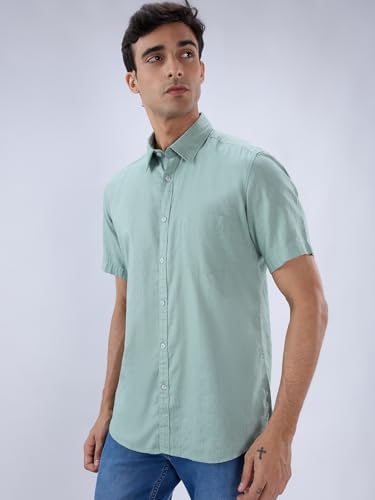 Image of Parx Men Slim Fit Solid Pattern Pure Cotton Button Down Collar Half Sleeve Casual Shirt
