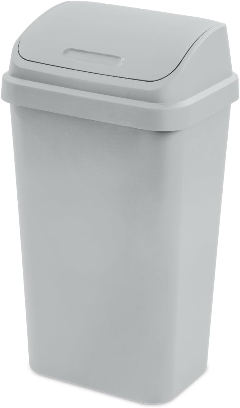 13 Gallon Plastic Garbage Bin with Swing Top Lid, Kitchen Trash Can,White (Gray)