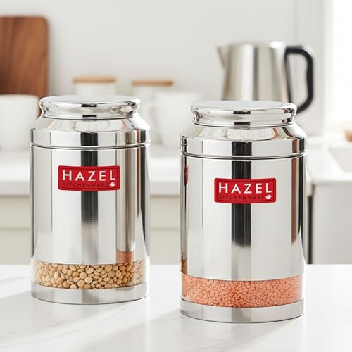Image of HAZEL Stainless Steel Transparent Storage Jar, 2500 ML - Set of 2 | Airtight Kitchen Containers for Pulses, Grains, Sugar & Snacks
