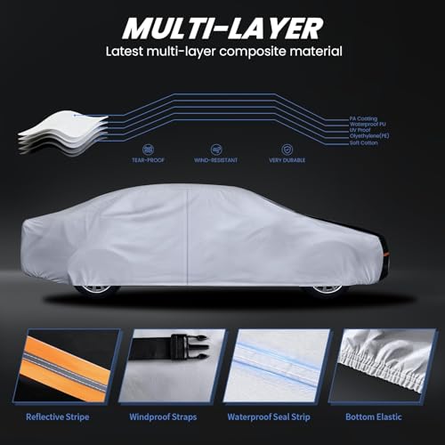 Image of Multi-Layer Car Cover Custom Fit for Pontiac Firebird(1992-2002), 100% Waterproof All Weather for Automobiles, Gift with Towel, Heavy Duty Car Covers for Rain Sun UV Protection with Door Zipper