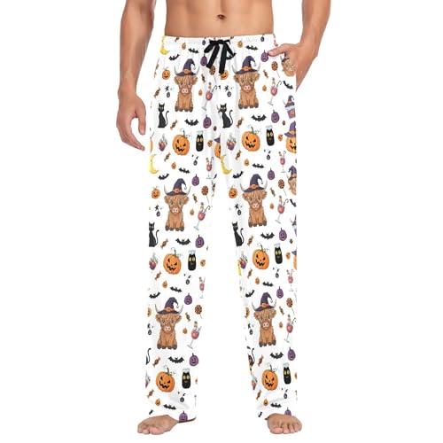 Men's Pajama Bottom Highland Cow Witches Hat Halloween Cotton Pajama Pants Drawstring Sleepwear Long Pants Pockets2
