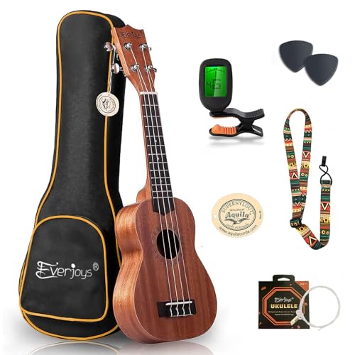 Image of Everjoys Soprano Ukulele 21 inch Mahogany Ukelele Beginner Kit w /Free Online Lesson Case Strap Tuner Picks, Fast to Learn