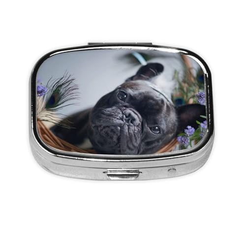 黒いフレンチブル犬 2 段分割ピルボックス 小型長方形薬入れケース 飲み忘れ防止携帯型薬箱