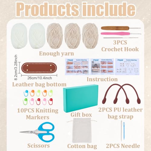 Image of ORIGACH DIY Crochet Handbag Kit for Beginners, Beige Striped Crochet Bag with PU Leather Band and Base, Include Yarn, Crochet Hooks, Markers and Instruction