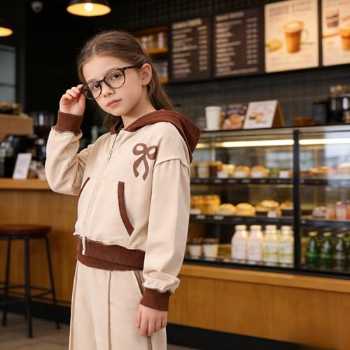 Image of Yoxindax Girls' 2-Piece Clothes Bow Print Zip-Up Hoodie Contrast-Color Wide-Leg Pants Winter 7-14Y Outfits Set