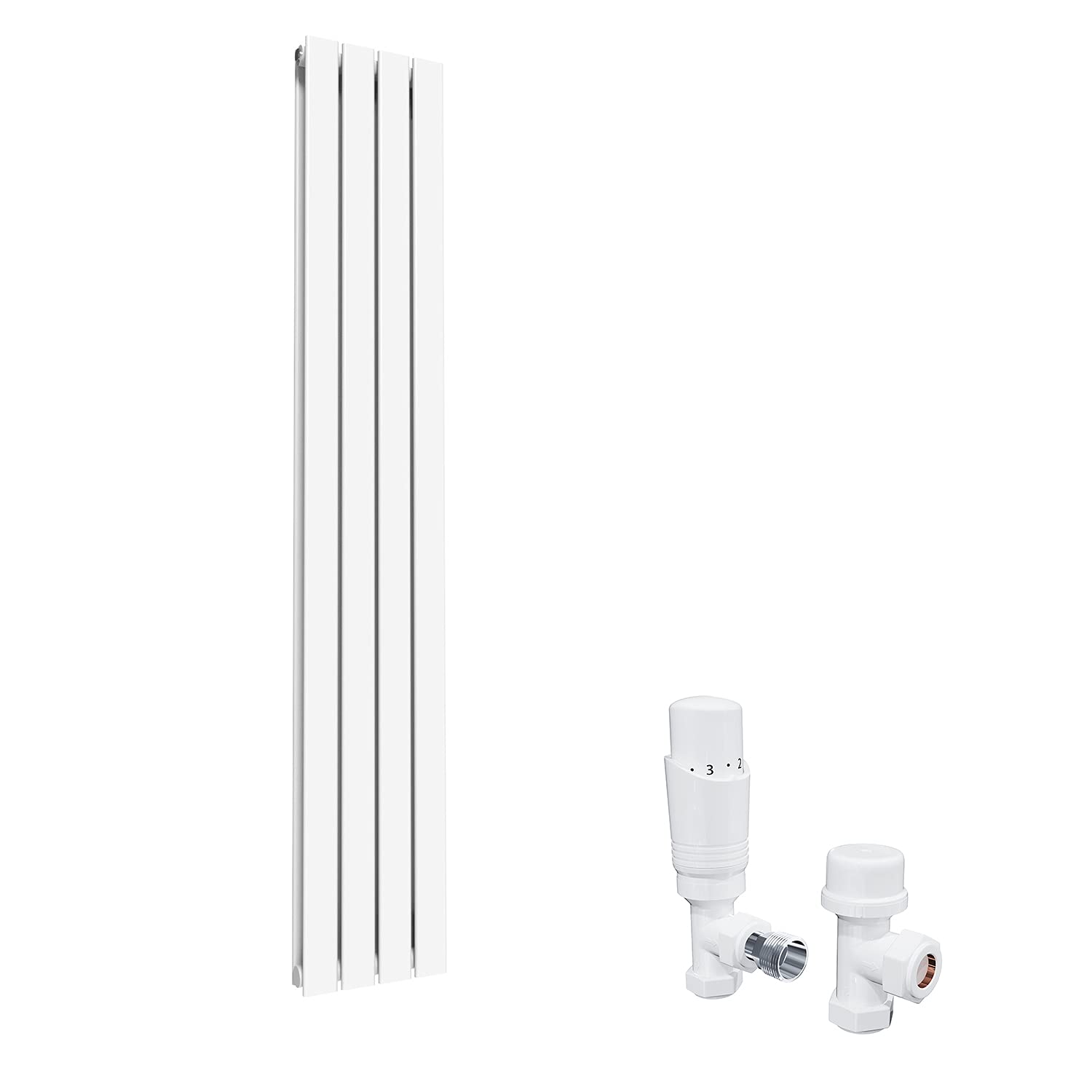 ELEGANT Modern Vertical Radiator Double Designer White Tall Upright Radiators Central Heating Wall Panel 1800 x 300 mm with White Thermostatic Valves Set