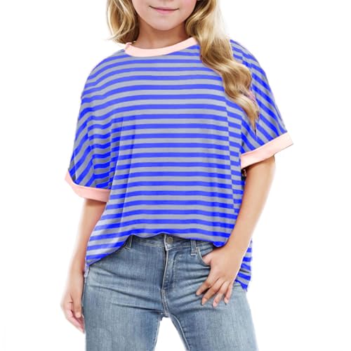 Girls Summer Tops Striped Print Color Block T-Shirts Casual Crewneck Short Sleeve Blouses 2025 Loose Fit Blouse Top