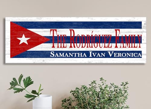 Wooden Cuban Flag Sign – Custom Names - Personalized Cuba Heritage Plaque - 16.5in x 5.5in Solid Wood