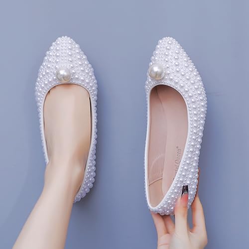 Women's Pearl Pointed Toe Flat Dress Shoes Elegant Sparkly Slip-On Comfort Soft Sole Ballet Flats Low Chunky Heel Wedding Bridal Pumps4