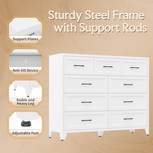 Image of Dresser for Bedroom, Chest of Drawers, 9 Drawers Metal Dresser with Anti-Tipping Device, White Dresser for Living Room, Entryway, Hallway