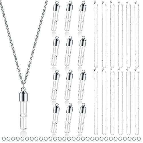 12 Vial Necklace Hourglass Vial Pendant with Screw Cap Bottle Empty Hourglass Clear Glass Bottle Charms Necklace 12 Snake Chains Necklace with Lobster Clasps 17.7 Inch for DIY Making (Basic Style)