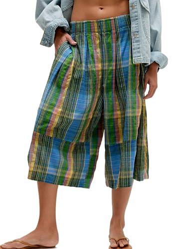 Summer Boho Wide Leg Culotte Pants for Women Casual Loose Elastic Waisted Palazzo Trousers Plaid Capris with Pockets