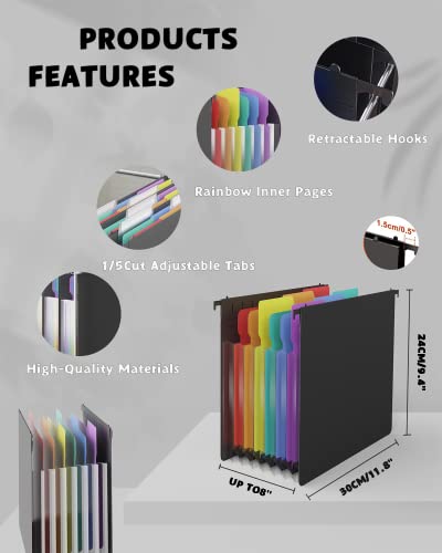Maimis Plastic Expanding Hanging File Folders, 7 Pocket Extra Capacity Accordion Hang Folder, 1/5 Cut Adjustable Tabs, Multi-Color Lables, Letter Size For Filing Cabinet - 1 Pack #TOP1