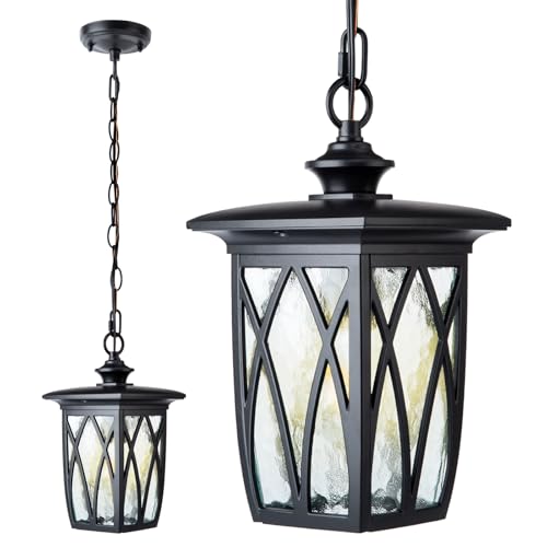 Image of 12'' Outdoor Pendant Light Fixture, Exterior Hanging Lantern, Modern Black Metal Outside Chandelier Light Fixture Ceiling Mount with Water Ripple Glass & Adjustable Chain for Porch, Gazebo, Front Door