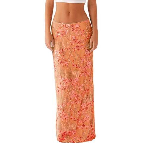 Women Y2k Sequin Long Skirt Bead Floral Embroidery Maxi Skirt Low Waist Rhinestone Glitter Bodycon Club Skirt