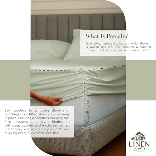 Image of Linen Home 100% Cotton Percale Sheets Queen Size, Sage, Deep Pocket, 4 Pieces Set - 1 Flat, 1 Deep Pocket Fitted Sheet and 2 Pillowcases, Crisp Cool and Strong Bed Linen
