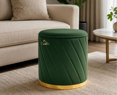 Image of Luxury Velvet Ottoman Stool for Living Room & Bedroom | Premium Round Pouffe with Gold Metal Base | Modern Footrest, Extra Seating & Home Decor (Green)