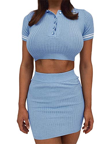 Women Two Piece Outfit, Sexy Solid Crop Top Mini Skirt Set Women Knitted 2 Piece Outfits (Blue Set, S) #TOP3