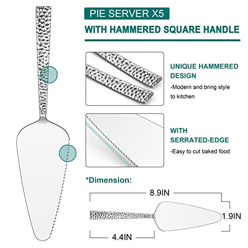 5-Piece Pie Server, E-Far Hammered Stainless Steel Cake Server Spatula For Cutting Pastry Cheese Pizza, Serrated Edge With Square Handle, Mirror Polished & Dishwasher Safe-8.9 Inch #TOP2