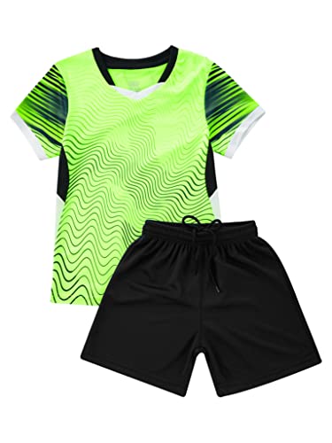 Jowowha Zestaw odzieży sportowej dla dzieci, dla chłopców i dziewczynek, koszulka sportowa bez rękawów/krótki rękaw, koszulka i szorty, sportowy dres treningowy, piłka nożna, odzież do koszykówki, J fluorescencyjny zielony, 158-164