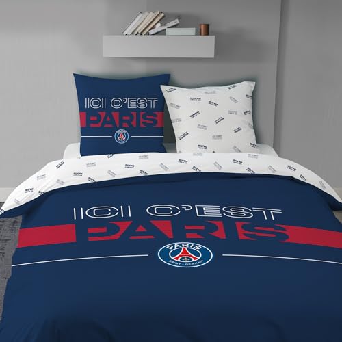 OMYDREAM PSG Devise Parure de lit | 100% Coton | Oeko-TEX | Housse de Couette 240x220cm + 2 Taies d'oreiller 63x63cm | Imprimé Garçon | Bleu