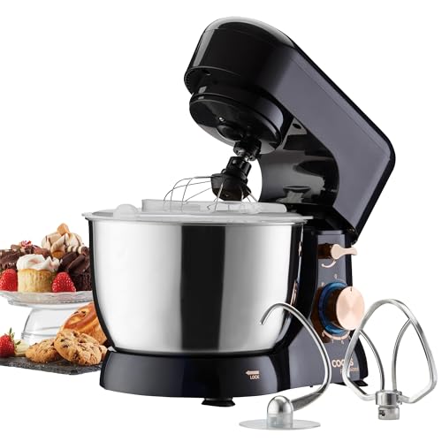 Cooks Professional Stand Mixer 1000W with 8 Speeds & Pulse Function, 4.5L Mixing Bowl, Splash Guard, Whisk, Beater & Dough Hook | Electric Kitchen Mixer for Cakes, Bread, Baking | Black & Rose Gold