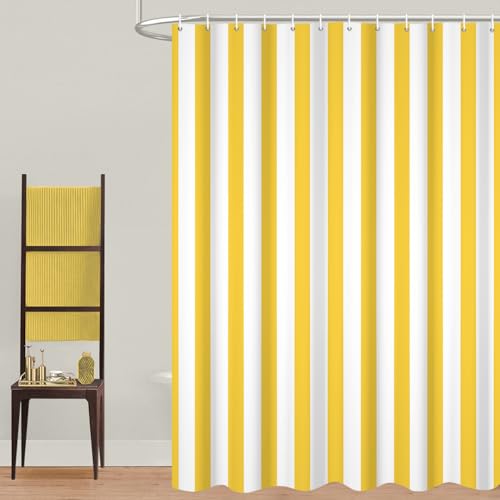 GCIREC Duschvorhang, 120x200cm, Gelb & Weiß Moderner Minimalismus Vertikale Streifen Wasserdichter Stoff Maschinenwaschbarer Badezimmervorhang mit Haken