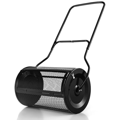 RELAX4LIFE Spandiconcime da 76L, Larghezza 60,5 cm, Ø Rullo: 3 cm, Spanditore da Giardino/Prato con Cestello in Rete Metallica e Manico, per Compost, Torba, Semi, Terriccio (60,5×39 cm, Nero)