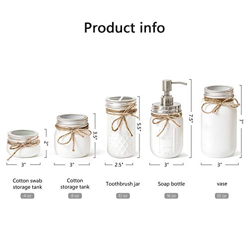 Mkono Mason Jar Bathroom Accessories Set White Mason Jars Bathroom Organizer Include Liquid Soap Dispenser,Cotton Swab,Tissue,Toothbrush Holder,Rustic Country Countertop Fall Decor 5 Piece, White - Image 5