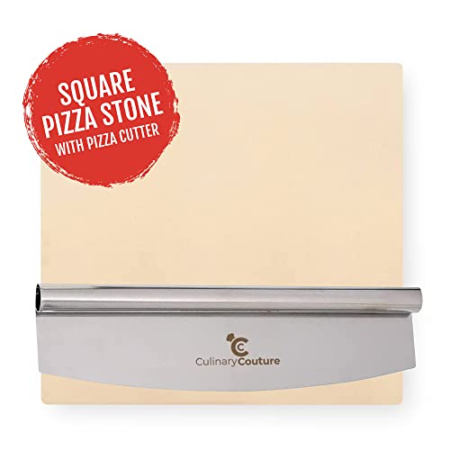 Culinary Couture 14" Square Pizza Stone For Oven And Grill With Pizza Cutter - Cordierite Baking Stone For Bread, Calzone, Cookies - Oven And Grill Pizza Stone For Outdoor Grill #TOP5