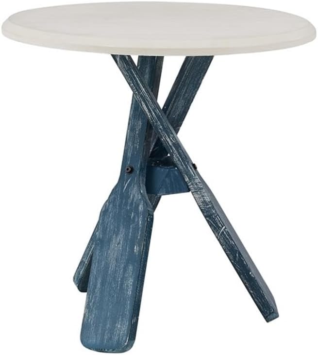 Pemberly Row Transitional Wood Side Table, 22 in Round Distressed Cream and Blue Finish, Beveled Top with Nautical Oar Base, Coastal Style for Living Room, Sunroom or Office