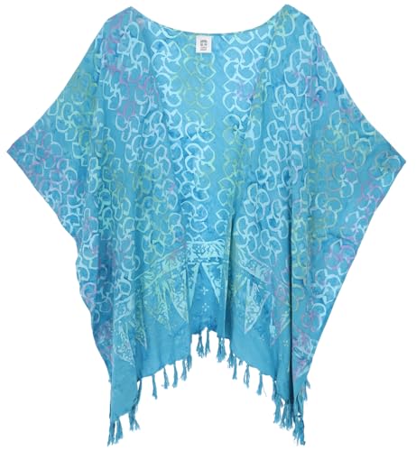 GURU SHOP Kurzer Farbenfroher Sommer Kimono, Kaftan, Strandjäckchen - Türkis, Damen, Synthetisch