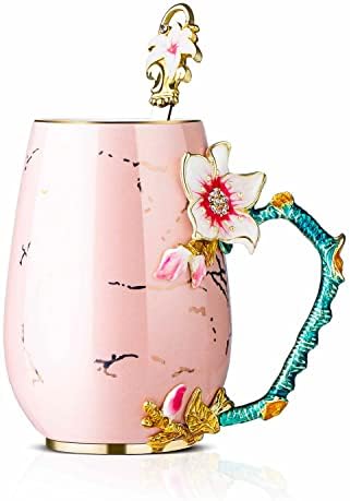 Evecase Enamel daisy Flower Ceramics Mugs Tea Cup with Steel Spoon,Tea Lovers Gifts for Women,Wife,Mom,Female Friends,Birthday,Mothers Day (Pink)