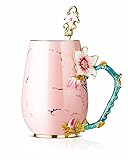 Evecase Enamel daisy Flower Ceramics Mugs Tea Cup with Steel Spoon,Tea Lovers Gifts for Women,Wife,M
