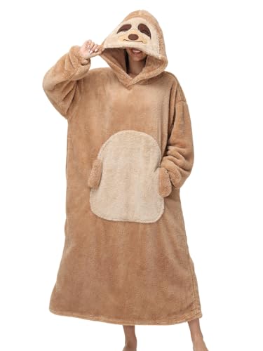 LATH.PIN Oversized Adult Wearable Blanket Hoodie Long Plush Fleece Pullover Sweatshirt with Cute Sloth Hood