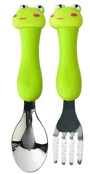 Image of Travel Spoon Fork Set for Kids, Premium Stainless Steel 1 Baby Spoon & 1 Fork Set for Kids with Travel Case, Stainless Steel Spoon and Fork Set, Food Grade PP Spoon (Random Design, Green)