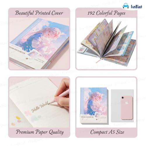 Image of FunBlast Aesthetic Diary for Girls - Dream Encounter Notebook Diary, Cute Kawaii Stationery, Colorful Pages Travel Diary for Kids & Adults (A5 Size; 192 Pages) (Blue-Random)
